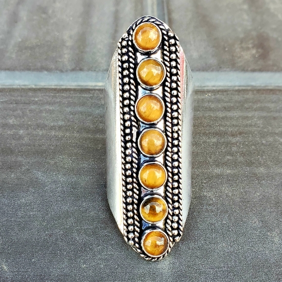 New 7 Stone Tiger Eye Adjustable Silver Statement Ring. - Picture 2 of 15